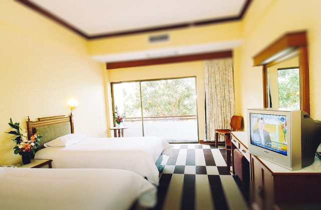 Kamar dengan dua tempat tidur dan TV di Hotel Taman